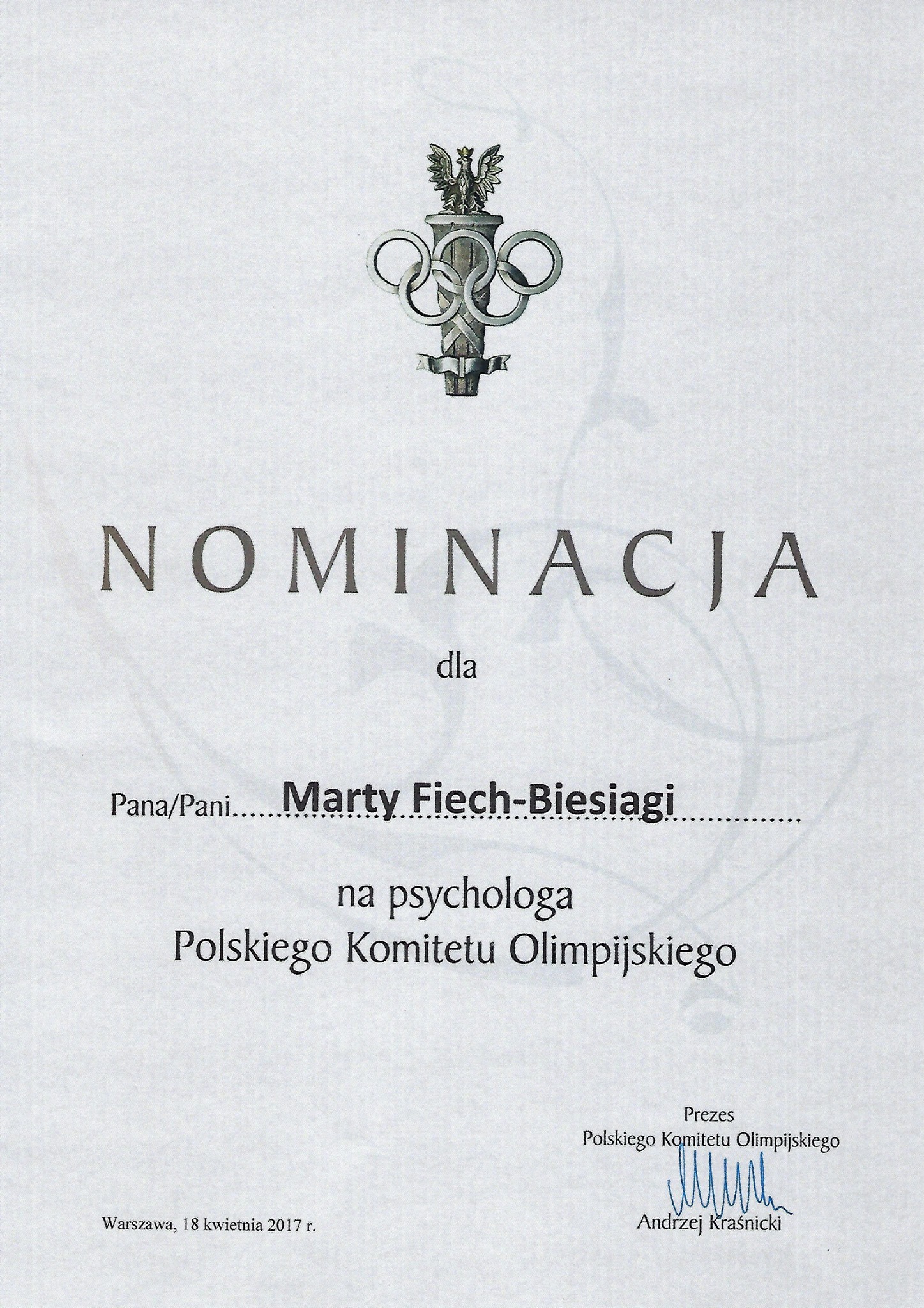 Nominacja na Psychologa Polskiego Komitetu Olimpijskiego – Marta Fiech-Biesiaga